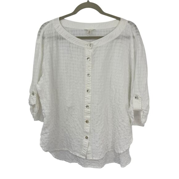 Eileen Fisher White Windowpane Weave Button Up 3/4 Sleeve Top Size PL/PG Minimal - Picture 11 of 11